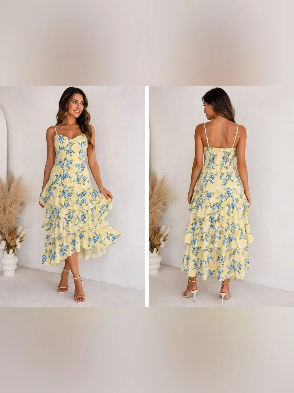 Abercrombie & Fitch Yellow Floral Tiered Midi Dress with Blue Accents